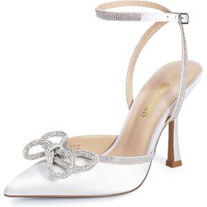 🆕 Women White Ankle Strap Sparkly Bow Shine Star Wrap-Around High-Heel Pumps